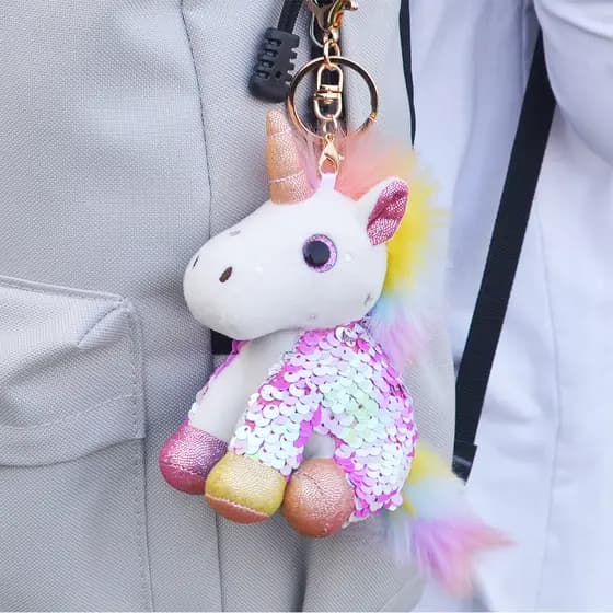Lantejoulas arco-íris unicórnio pingente boneca garra máquina brinquedo de pelúcia bonito boneca jóias saco ornamentos