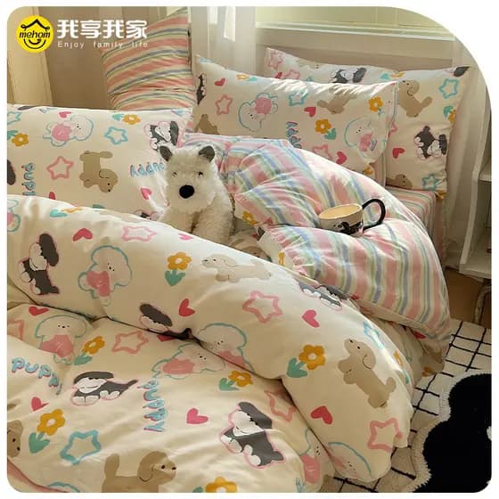 Mehom arco-íris cão dos desenhos animados cama conjunto de quatro peças algodão puro colcha capa 2023 novo estilo folha