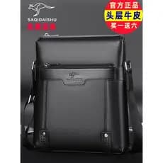 Saki Kangaroo Bolsa de Ombro Masculina de Couro Genuíno Bolsa Pequena Primeira Camada de Couro Mochila Masculina de Negó