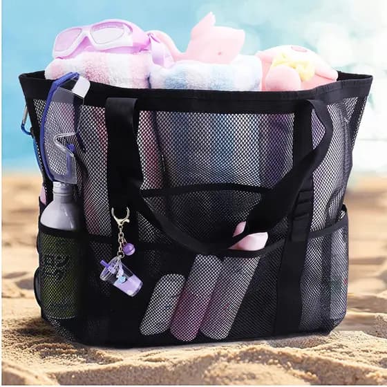 Bolsa de praia Amazon Mesh Beach Bag 8 bolsos Bolsa de natação Bolsa de armazenamento de brinquedos Bolsa oca de malha d