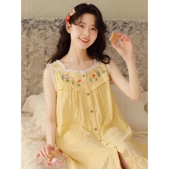 {Ilha de dormir} 2026 verão novo estilo sem mangas camisola feminina algodão puro doce bordado solto colete fino saia pa