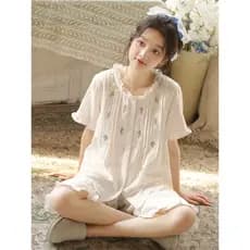 {Ilha de dormir} Pijama de verão de gaze de algodão puro feminino terno de manga curta branco estilo fino de alta qualid