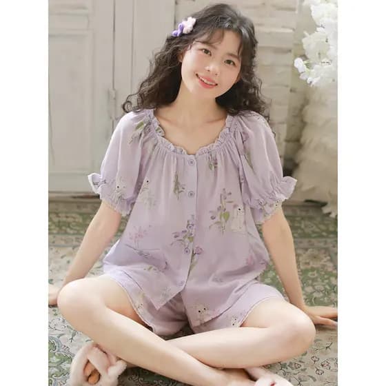 {Ilha de dormir} Verão novo estilo pijamas de manga curta com almofada no peito feminino gaze de algodão puro estilo Mor