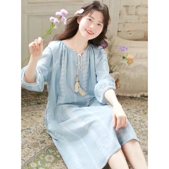 {Sleeping Island} Camisola feminina primavera verão novo estilo puro algodão gaze doce manga três quartos pijama vestido