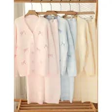 Pijamas femininos outono inverno meia face velo quente engrossado estilingue interior de três peças Cardigan doce pode u