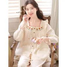 {Ilha de dormir} Primavera outono novo estilo pijamas feminino puro algodão gaze doce bordado de manga comprida algodão