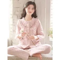 {Ilha de dormir} outono inverno engrossado quente acolchoado pijamas feminino doce bordado pode usar exterior ar algodão