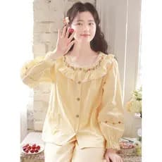 {Ilha de dormir} Primavera outono novo estilo pijamas feminino puro algodão gaze doce bordado terno de manga comprida al