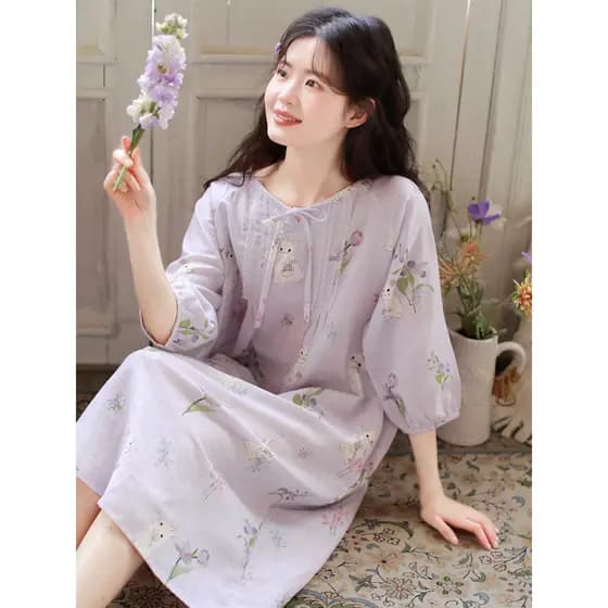 {Ilha de dormir} Primavera outono novo estilo camisola feminina gaze de algodão puro doce bonito versão coreana com almo