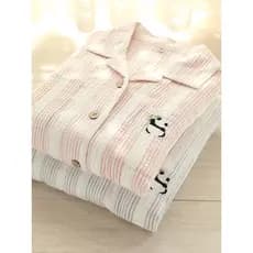 {Ilha de dormir} Primavera verão casal pijamas feminino puro algodão gaze terno de manga comprida simples listrado mascu