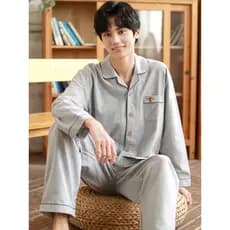 {Ilha de dormir} Pijamas masculinos outono inverno puro algodão escovado flanela terno de manga comprida listras simples