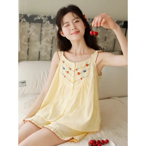 {Ilha de dormir} Pijamas femininos verão novo estilo estilingue terno estilo fino puro desejo estilo puro algodão gaze s