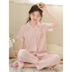 {Ilha de dormir} Verão de manga curta casal puro algodão gaze pijamas feminino japonês simples xadrez masculino Plus Siz
