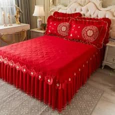 Roupa de cama de casamento chinesa algodão puro grande saia de cama vermelha conjunto de três peças bordado flor colcha