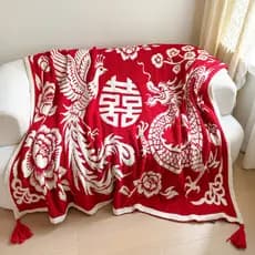 Estilo chinês dragão Phoenix Chengxiang meio lado velo cobertor de malha casamento vermelho dupla felicidade borla cober