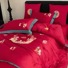 Colcha bordada de algodão de fibra longa de luxo com luz chinesa Acompanhamento de casamento de noiva Vermelho Verde Bai
