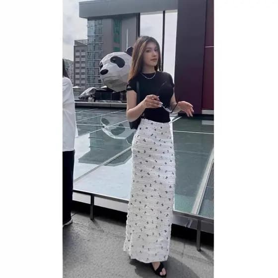 Coreano branco verão férias arco impressão renda cintura alta Floral Fishtail saia longa mais magro olhar saia