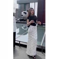 Coreano branco verão férias arco impressão renda cintura alta Floral Fishtail saia longa mais magro olhar saia