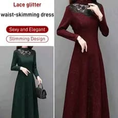 【Perfeito para Festas】Black Lace Waist Long Dress Big Size Vestido/Renda/Estilo