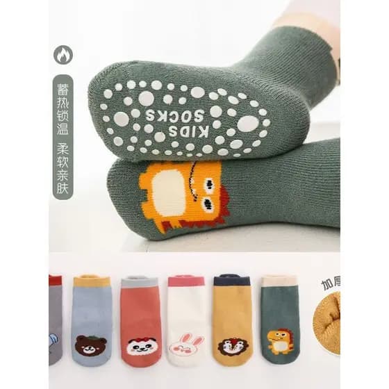 Meias de chão para bebês, outono inverno, espessadas, felpudas, antiderrapantes, desenhos animados, boca solta, resfriam