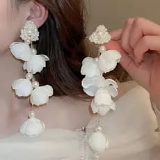 Brincos femininos pérola tridimensional flor borla brincos longos