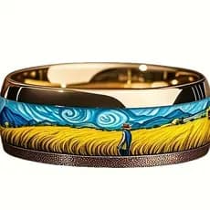 Anel de arte em aço inoxidável | Use Wheatfield Starry Sky na ponta dos dedos em ouro rosa Van Gogh Wheatfield Villain