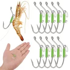 10 Pçs 1/0 2/0 3 Ganchos De Pesca De Aço De Alto Carbono Luminoso Gancho De Camarão Vivo Para Baixo Pique Com Anel De Mo