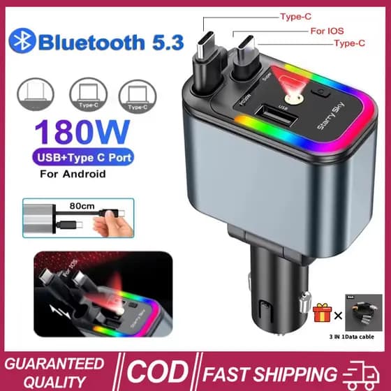 (Nova Chegada) Carregador Multifuncional 5 Em 1 180W PD QC Bluetooth 5.3 Leitor De Música Para Carro 12v Dados Retráteis