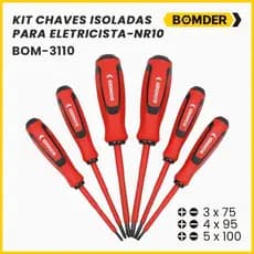 Kit Chaves Isoladas NR10 P/ Eletricista 6 Peças Chave Philips e Fenda Cabo Emborrachado Ferramenta Profissional BOM-3110