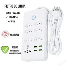 Régua Filtro de Linha com 7 Tomadas Extensão Elétrica 1 Universal 4 USB Bivolt 10A 110v/220v Cabo de 2 Metros Seguro e c
