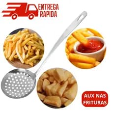 Colher Escumadeira de Inox para Fritura Arroz Batata Pastel Resistente - 32cm
