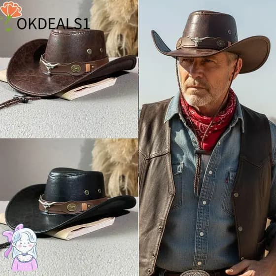 OKDEALS Chapéu De Cowboy De Couro Sintético , Ocidental Vintage Com Fivela De Cabeça De Touro Proteção Solar Retrô