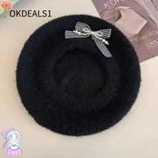 OKDEALS Gorro , Boina De Malha Xadrez Macia , Pulôver Com Decoração De Laço De Cor Sólida , Chapéu De Feminino