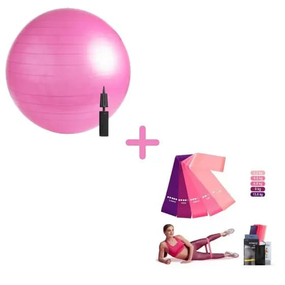 Kit de Pilates e Yoga Bola Suíça 55cm Rosa + Kit de Faixas Elásticas 5 Tensões Theraband Exercício Funcional 2026