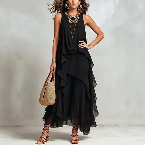 Vestido Elegante de Chiffon Preto Sem Mangas, Assimétrico e Oversized 3663
