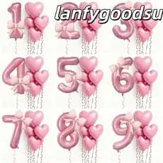 LANFYGOODS 6 Peças De Balão De Coração Com Laço Rosa , Romântico De Folha De Número De 32 Polegadas ,