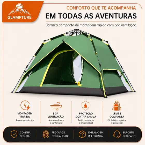 glampture Barraca Camping Automatica 3 Segundos 4-6 Pessoas Impermeavel Dupla Camada Protecao UV Grande Espaco Familiar
