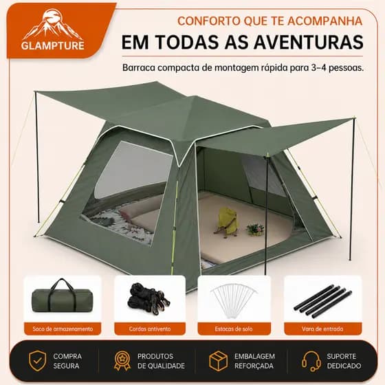 glampture Barraca Camping Automatica Verde Militar Silver 210x210x142cm Impermeavel Com Avanco Frontal Kit Completo