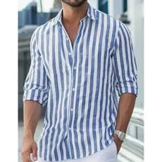 Camisa masculina listrada de manga comprida, estilo casual, estilo praia, 100% algodão