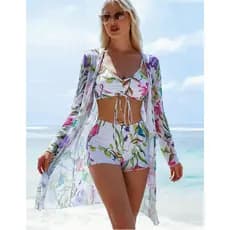 Conjunto de biquíni com estampa floral de 3 peças, parte de baixo boxer com decote em V e cobertura de mangas compridas