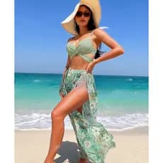 Conjunto de biquíni feminino de 3 peças com saia estampada – Roupa de banho de verão para a praia