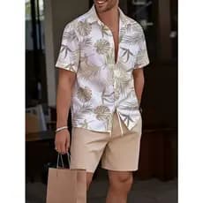 Conjunto Casual Masculino Camisa de Manga Curta e Shorts com Estampa de Palmeira