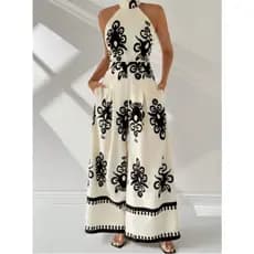 Macacão Feminino Feminino Elegante para Férias com Estampa de Perna Larga All-Over e Alças com Bolsos Inclinados Para