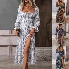 Vestido estampado floral feminino com decote quadrado Vestidos franceses com bainha dividida Elegante