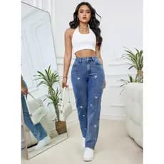 Calças jeans femininas com bordado moderno em formato de coração, estilo casual