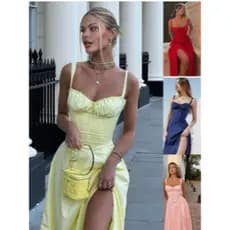 Vestido feminino liso estilo francês, com toque de férias e estilo palaciano, com alças finas e fenda na barra