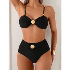 Conjunto de Maiô Bikini Marrom de Cintura Alta com Controle de Barriga, Alças de Contas e Conchas Metálicas, Elegante Fé