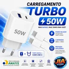 Carregador Turbo 50W USB e USB-C 2 Entradas Power Delivery Cabo Tipo C iPhone Samsung Xiaomi