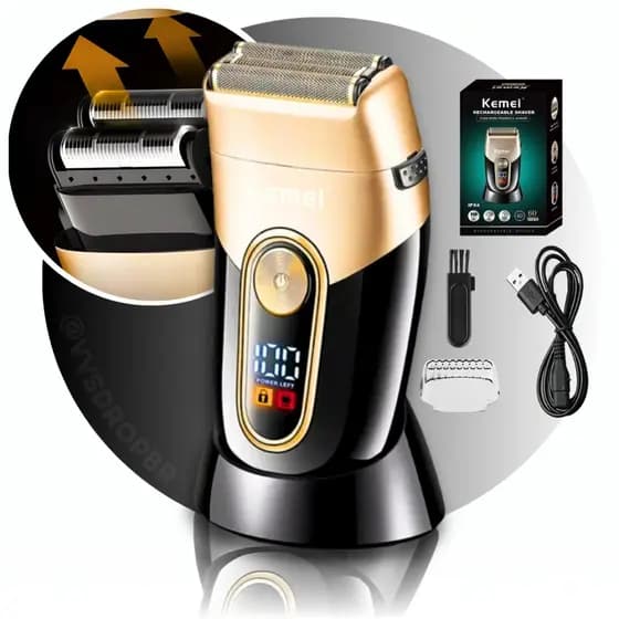 Máquina de Barbear Shaver KM-3209 Recarregável Aparador Elétrico Sem Fio Barba Rosto Bivolt