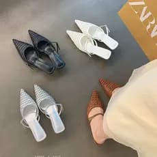 Chinelos de malha tecido feminino salto agulha bico fino sapatos de salto baixo feminino